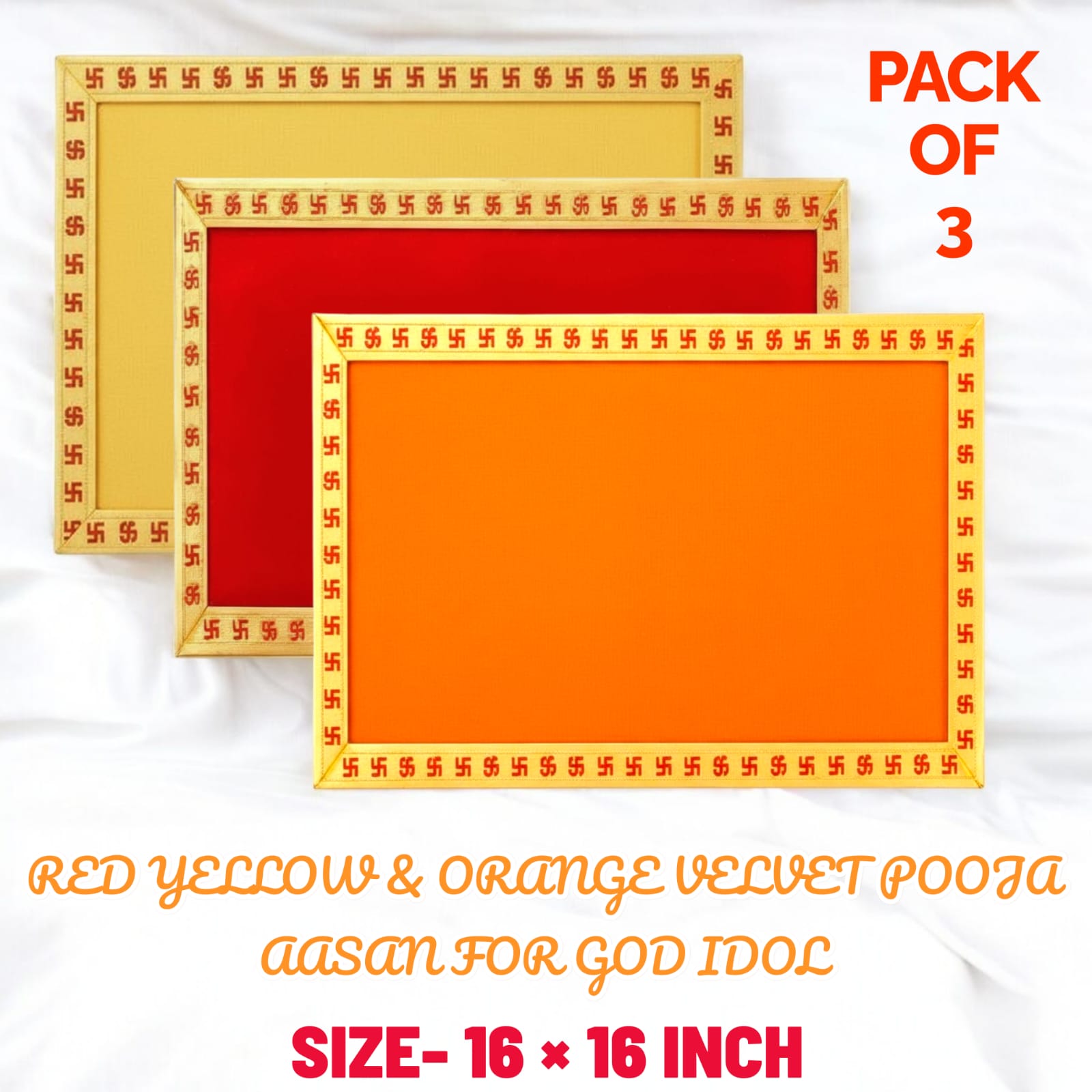 Pack of 3 – Premium Velvet Pooja Aasan (Red, Yellow & Orange) – 16×16 Inch | Panchshul_108